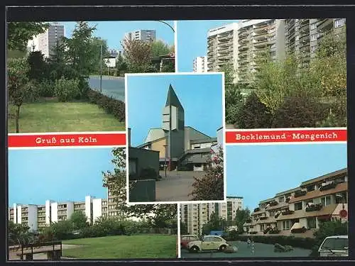 AK Köln /Bocklemünd-Mengenich, Kirche, Wohnhäuser, Strassenpartie