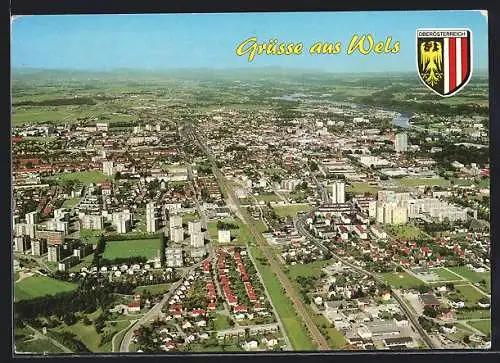 AK Wels, Teilansicht mit Strassenpartie, Wappen