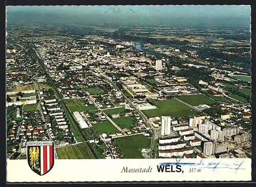 AK Wels, Teilansicht mit Strassenpartie, Wappen