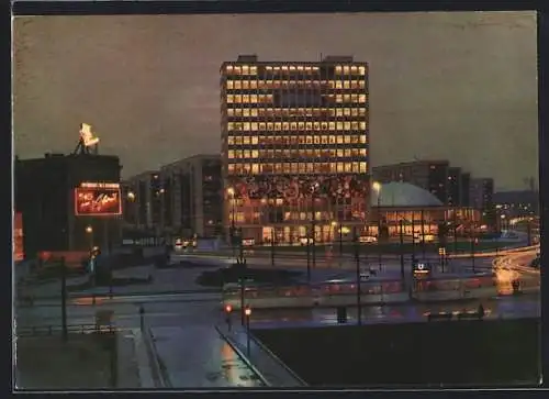 AK Berlin, Haus des Lehrers mit Kongresshalle bei Nacht, 1967