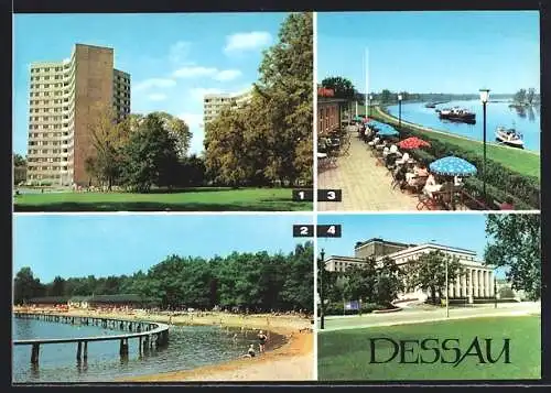 AK Dessau, Hochhäuser am Stadtpark, Strandbad Adria, HO-Gaststätte Kornhaus an der Elbe