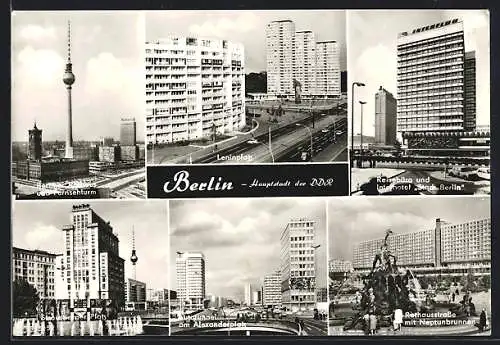 AK Berlin, Fernsehturm, Leninplatz, Reisebüro und Interhotel Stadt Berlin