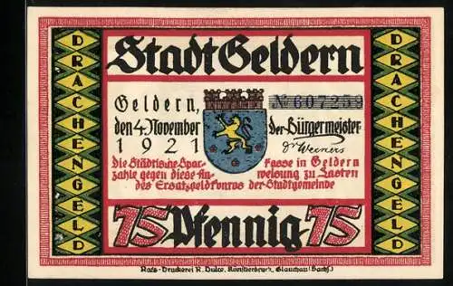 Notgeld Geldern 1921, 75 Pfennig, On Gelder es ok door gebaumt, mor sei den Draak kapott gehaut