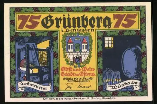 Notgeld Grünberg i. Schlesien 1921, 75 Pfennig, Tuchweberei, Weinbau und der Teufel