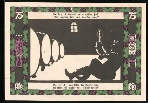 Notgeld Grünberg i. Schlesien 1921, 75 Pfennig, Tuchweberei, Weinbau und Mann am Weinfass