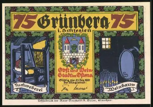 Notgeld Grünberg i. Schlesien 1921, 75 Pfennig, Tuchweberei, Weinbau und Mann am Weinfass