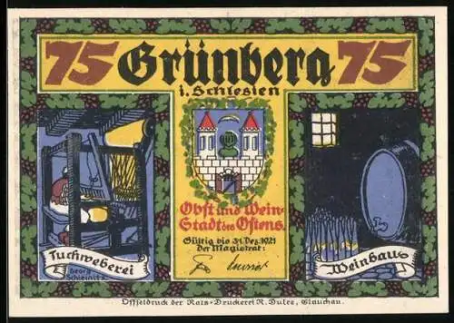Notgeld Grünberg i. Schlesien 1921, 75 Pfennig, Tuchweberei, Weinbau und Männer mit Wein