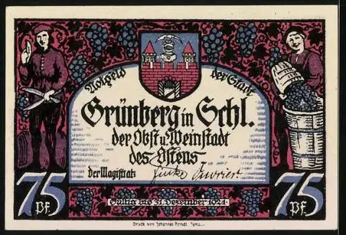 Notgeld Grünberg i. Schlesien 1921, 75 Pfennig, Paar im Mondschein