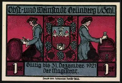 Notgeld Grünberg i. Schlesien 1921, 1 Mark, Trinkgelage unter Laternen