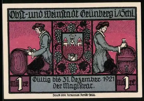 Notgeld Grünberg i. Schlesien 1921, 1 Mark, Paar im Mondschein