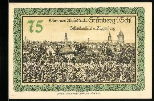 Notgeld Grünberg i. Schlesien 1921, 75 Pfennig, Gesamtansicht v. Ziegelberg