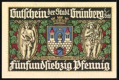 Notgeld Grünberg i. Schlesien 1921, 75 Pfennig, Gesamtansicht v. Ziegelberg