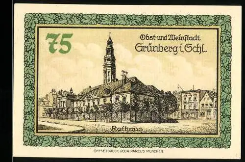 Notgeld Grünberg i. Schlesien 1921, 75 Pfennig, Partie am Rathaus