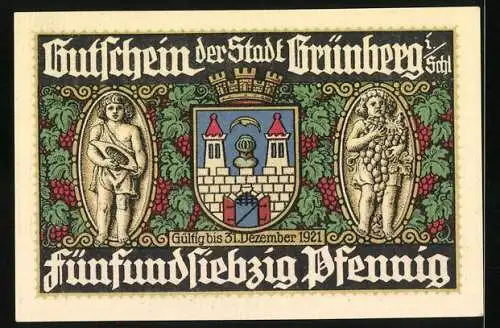 Notgeld Grünberg i. Schlesien 1921, 75 Pfennig, Partie am Rathaus