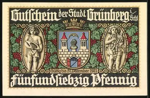 Notgeld Grünberg i. Schlesien 1921, 75 Pfennig, Löbtenz und Wappen
