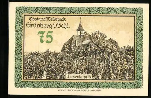 Notgeld Grünberg i. Schlesien 1921, 75 Pfennig, Marienkapelle und Wappen