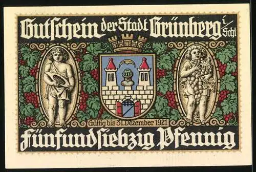 Notgeld Grünberg i. Schlesien 1921, 75 Pfennig, Marienkapelle und Wappen