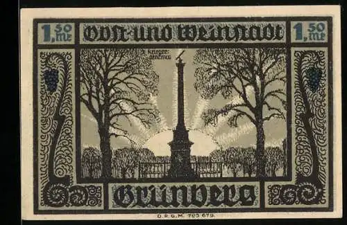 Notgeld Grünberg i. Schlesien, 1,50 Mark, Kriegerdenkmal