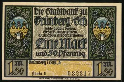 Notgeld Grünberg i. Schlesien, 1,50 Mark, Kriegerdenkmal