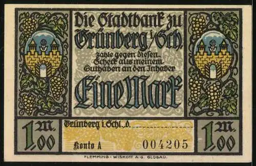 Notgeld Grünberg i. Schlesien, 1 Mark, Wappen und Erlöserkirche