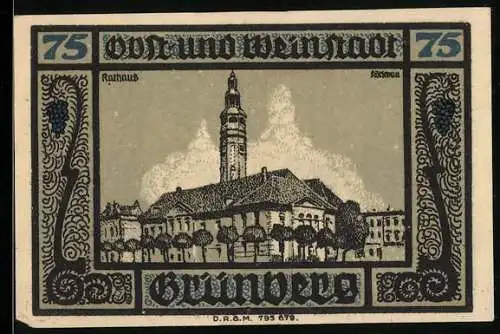 Notgeld Grünberg i. Schlesien, 75 Pfennig, Rathaus und Wappen