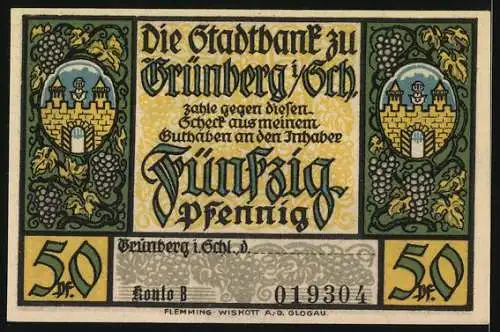 Notgeld Grünberg i. Schlesien, 50 Pfennig, Marienkapelle und Wappen