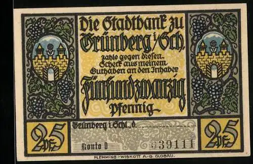 Notgeld Grünberg i. Schlesien, 25 Pfennig, Berghaus und Wappen