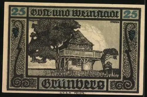 Notgeld Grünberg i. Schlesien, 25 Pfennig, Berghaus und Wappen