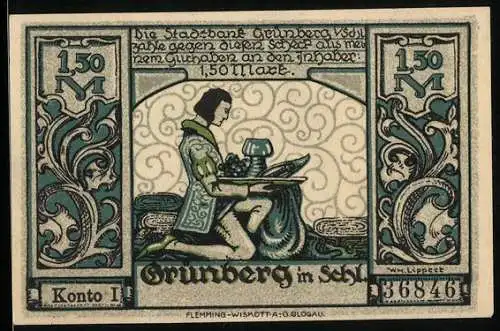 Notgeld Grünberg i. Schlesien, 1,50 Mark, Mann in der Buchhandlung