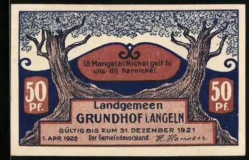 Notgeld Grundhof i. Angeln 1921, 50 Pfennig, Segelboote am Anleger