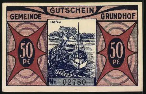 Notgeld Grundhof i. Angeln 1921, 50 Pfennig, Segelboote am Anleger