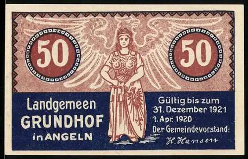 Notgeld Grundhof i. Angeln 1921, 50 Pfennig, Schwedenwall und Dorfstrasse