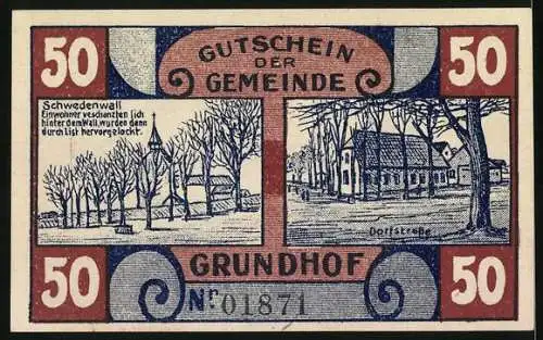 Notgeld Grundhof i. Angeln 1921, 50 Pfennig, Schwedenwall und Dorfstrasse