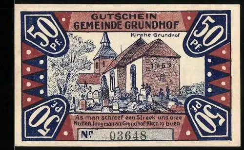 Notgeld Grundhof i. Angeln 1920, 50 Pfennig, Kirche mit Friedhof