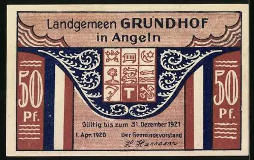 Notgeld Grundhof i. Angeln 1920, 50 Pfennig, Kirche mit Friedhof