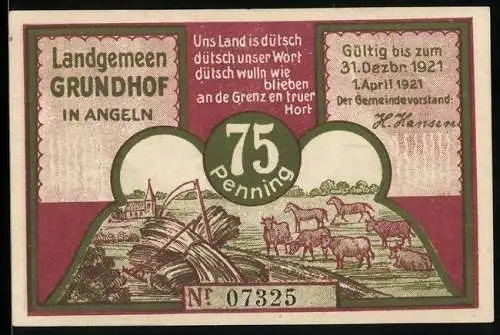 Notgeld Grundhof i. Angeln 1921, 75 Pfennig, Adl. Gut Lundsgaard