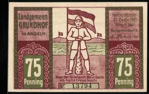Notgeld Grundhof i. Angeln 1921, 75 Pfennig, Grönlandwal am Ostseestrand