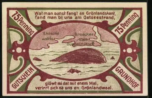 Notgeld Grundhof i. Angeln 1921, 75 Pfennig, Grönlandwal am Ostseestrand