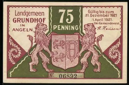 Notgeld Grundhof i. Angeln 1921, 75 Pfennig, Partie aus dem Kirchspiel