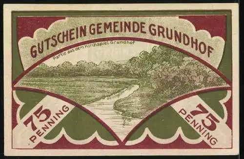 Notgeld Grundhof i. Angeln 1921, 75 Pfennig, Partie aus dem Kirchspiel