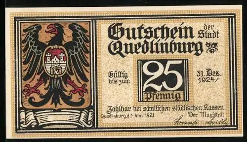 Notgeld Quedlinburg 1921, 25 Pfennig, Klopstocks Geburtshaus und Wappen