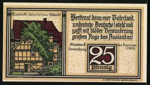 Notgeld Quedlinburg 1921, 25 Pfennig, Klopstocks Geburtshaus und Wappen