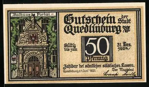 Notgeld Quedlinburg 1921, 50 Pfennig, F. G. Klopstock, Rathaus-Portal