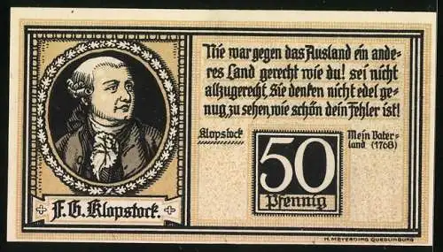 Notgeld Quedlinburg 1921, 50 Pfennig, F. G. Klopstock, Rathaus-Portal