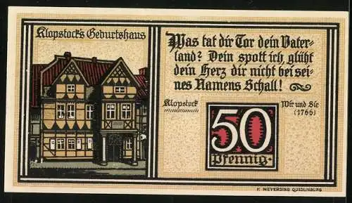 Notgeld Quedlinburg 1921, 50 Pfennig, Klopstocks Geburtshaus und Denkmal