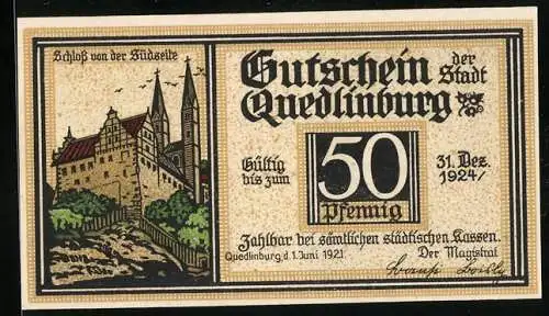 Notgeld Quedlinburg 1921, 50 Pfennig, Klopstocks Denkmal, Schloss