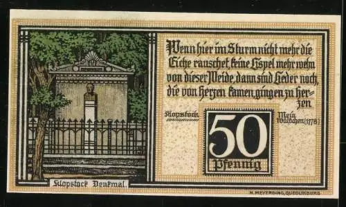 Notgeld Quedlinburg 1921, 50 Pfennig, Klopstocks Denkmal, Schloss