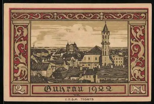 Notgeld Guhrau /Breslau, 2 Mark, Wappen und Stadtansicht