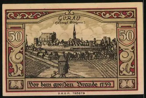 Notgeld Guhrau /Breslau, 50 Pfennig, Stadt vor dem Brand 1759