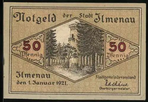 Notgeld Ilmenau 1921, 50 Pfennig, Turm auf dem Kickelhahn, Wappen